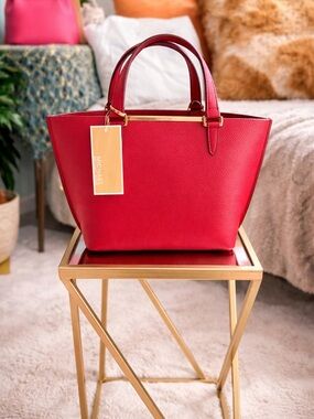 NWT Michael Kors  Bright Red Leather Satchel Tote Gold Hardware.